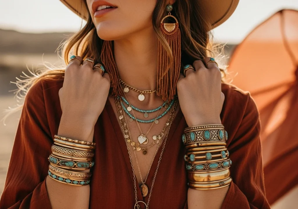 Boho accessories including layered jewelry and wide-brim hat for a complete boho look.