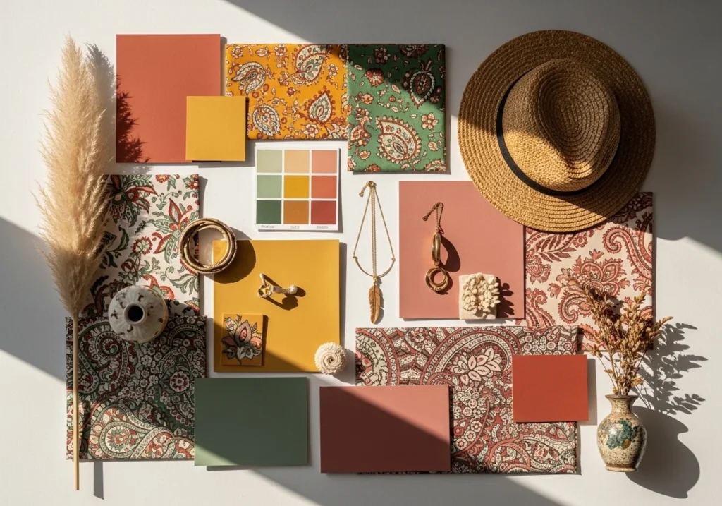 Boho outfits color palette and print guide mood board.