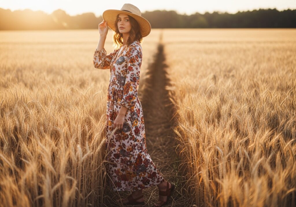 Boho outfits for women with flowy maxi dress and sandals
