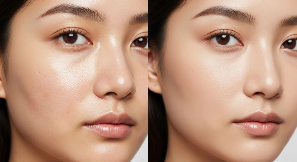 Before and after makeup on oily skin showing shiny greasy face vs smooth matte flawless finish with oil-free foundation