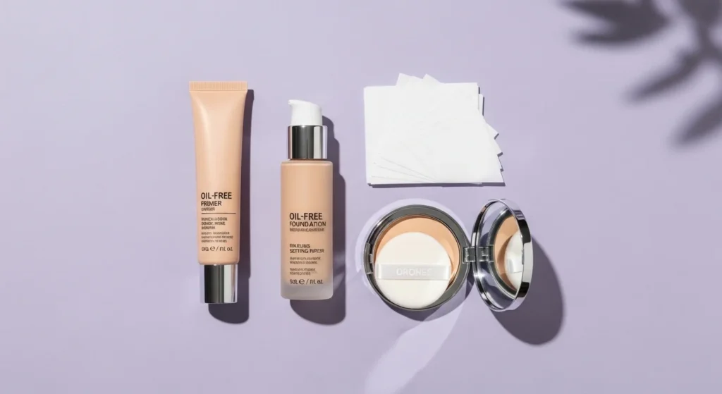 Oil free makeup products including matte foundation primer and setting powder for oily skin arranged in aesthetic flat lay