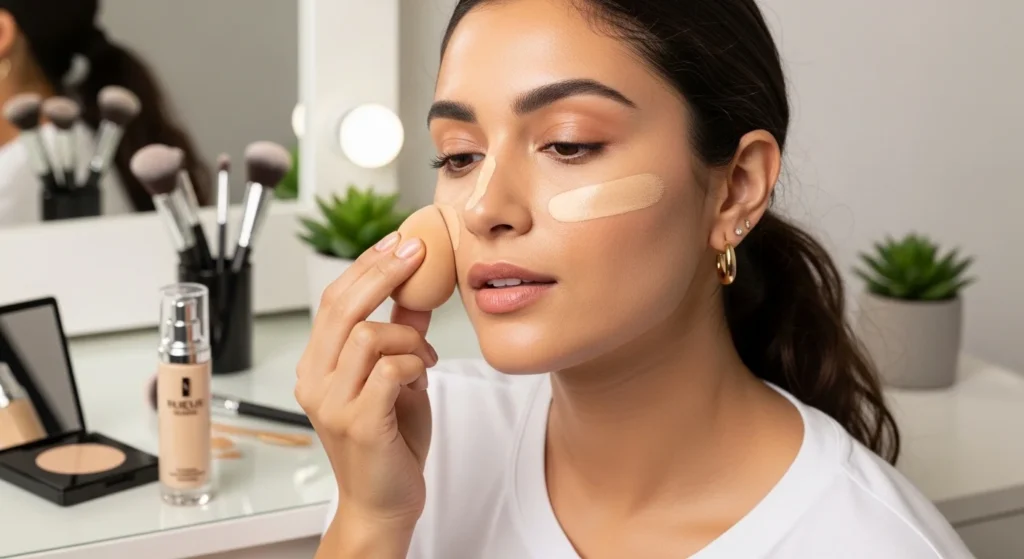 Woman applying matte foundation with makeup sponge for oily skin with smooth flawless finish