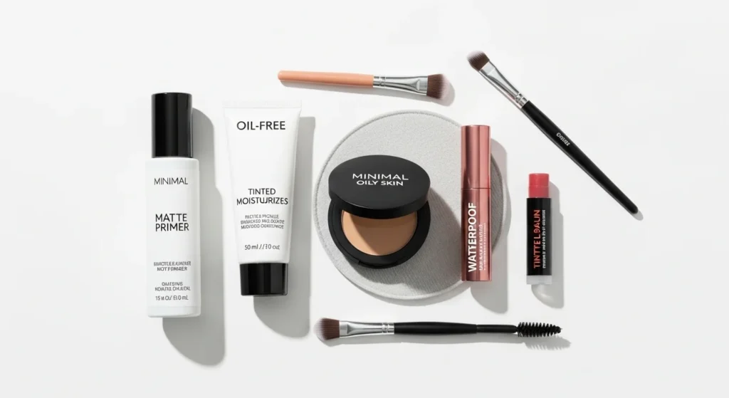 Step by step oily skin makeup routine including cleanser moisturizer primer foundation powder and setting spray for long lasting matte finish