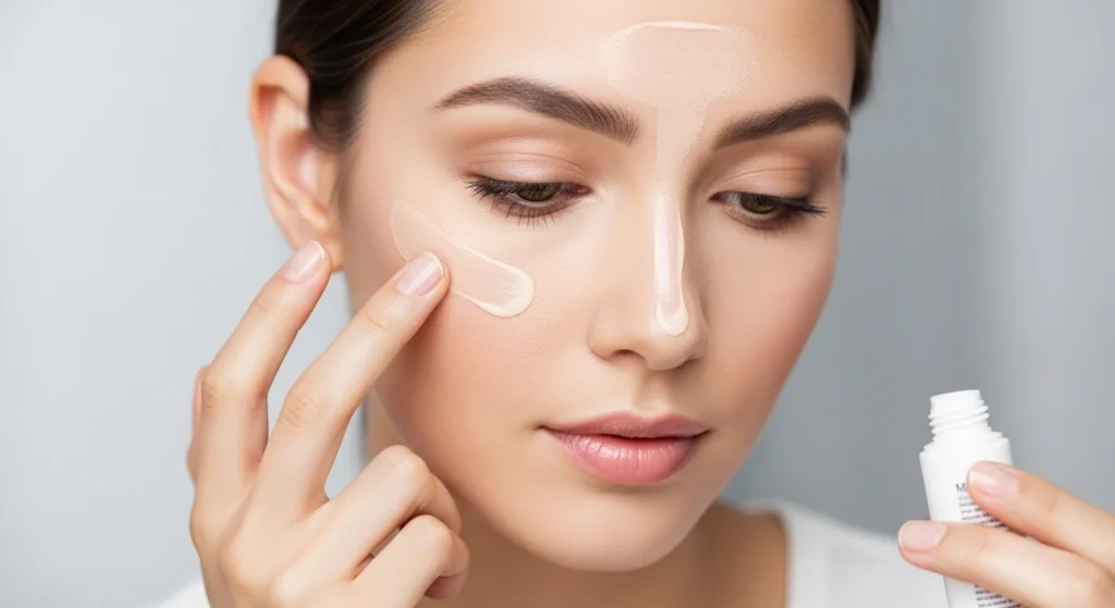 Woman applying matte primer on oily skin focusing on T zone for smooth long lasting makeup base