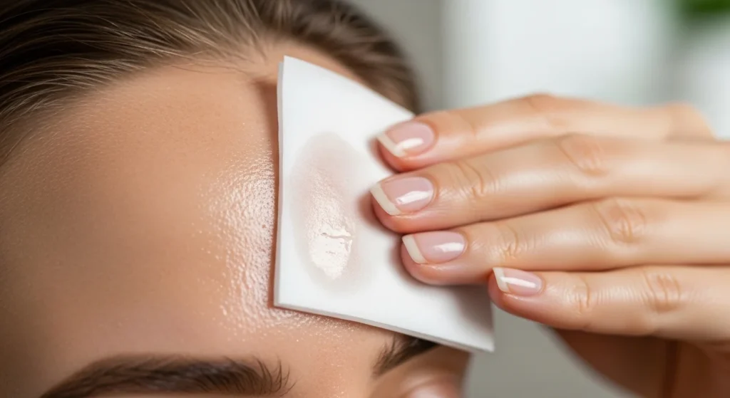 Woman using blotting paper on oily skin to remove excess oil and reduce shine on T zone