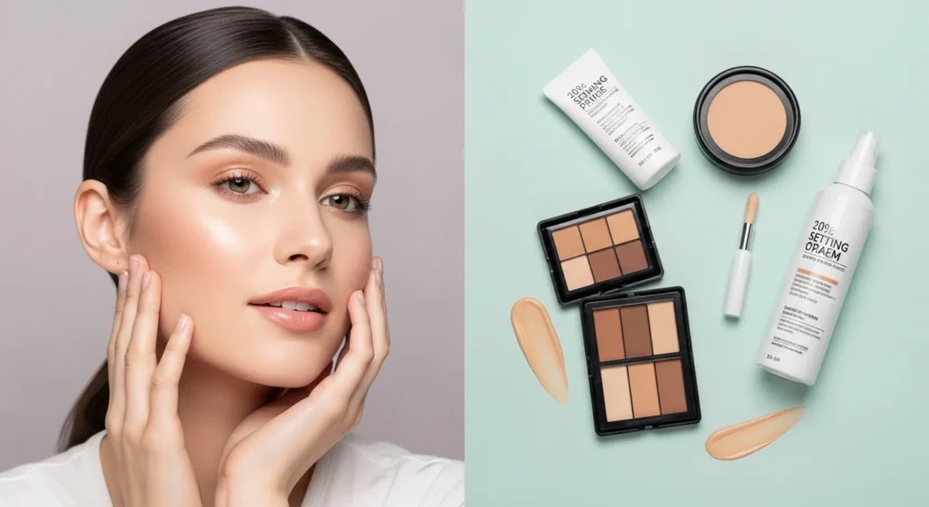 Step by step makeup guide for oily skin showing cleansing primer foundation powder and setting spray routine for long lasting matte look