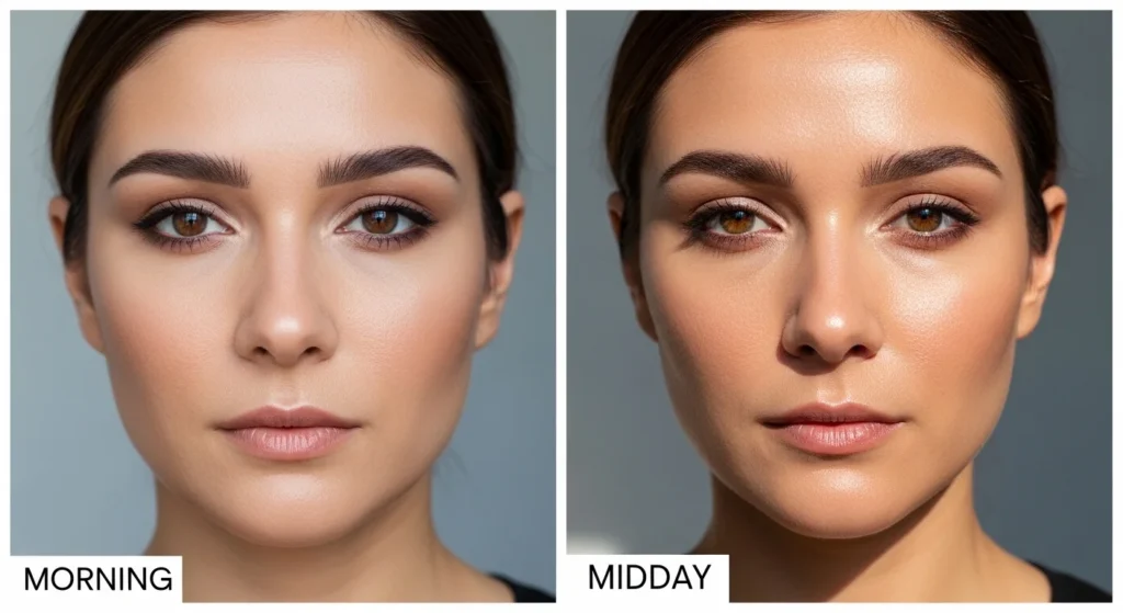 Before and after day comparison showing oily skin makeup starting fresh in morning and becoming shiny with faded foundation by midday