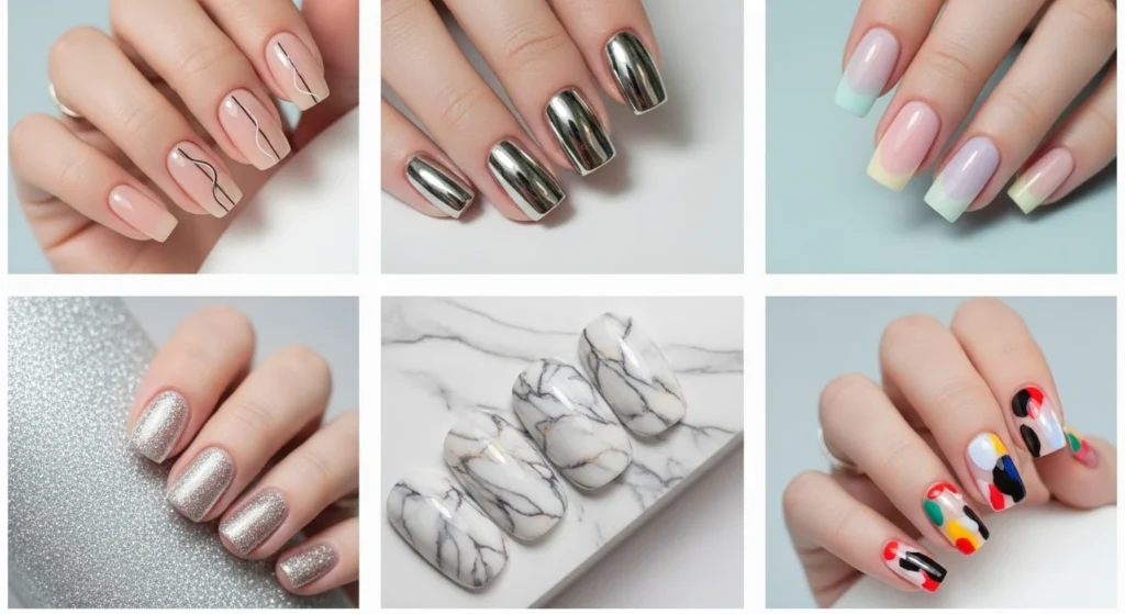 Collage of trendy nail designs including chrome pastel nude glitter and marble nail art ideas for stylish manicure inspiration
