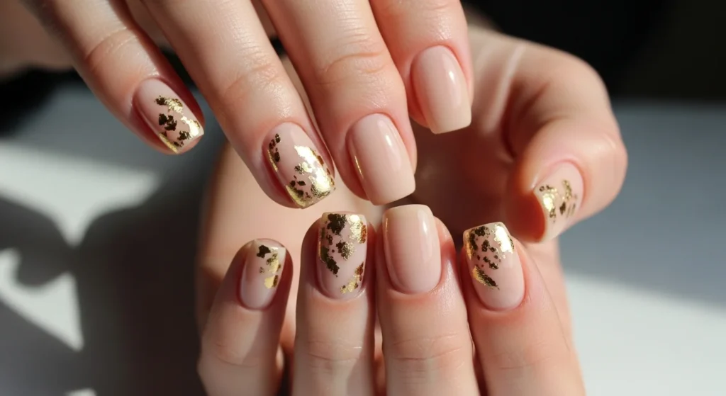 Minimalist nude nails with gold foil accents in elegant classy manicure design for modern stylish look