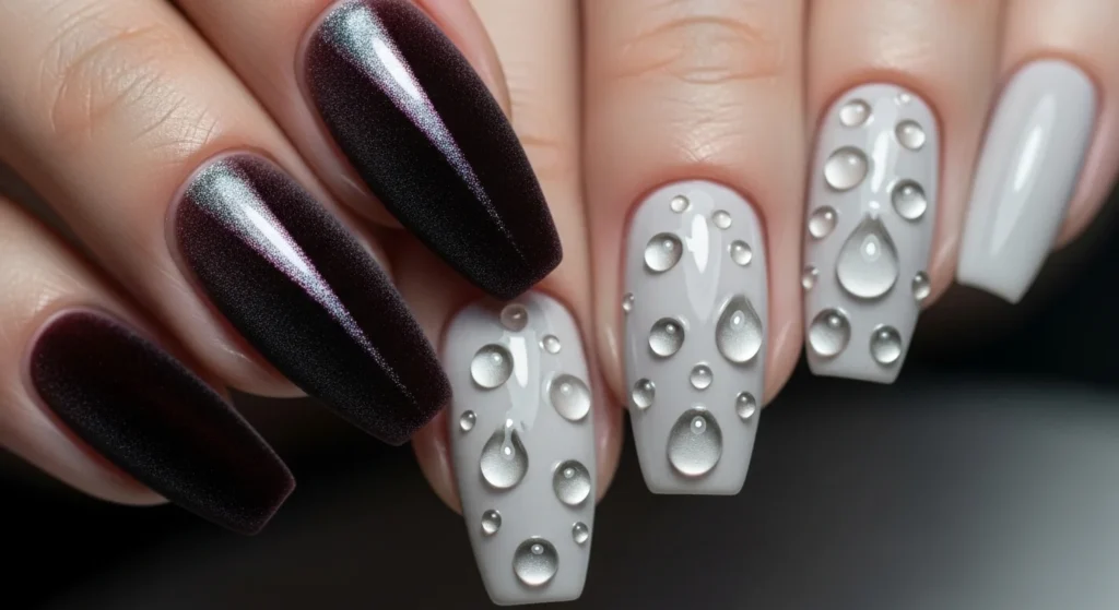 Close up of textured nails with velvet cat eye effect and 3D water droplet nail art design for trendy manicure