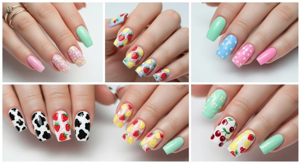 Fun nail art designs with cow print and fruit patterns like strawberries and lemons for playful colorful manicure ideas
