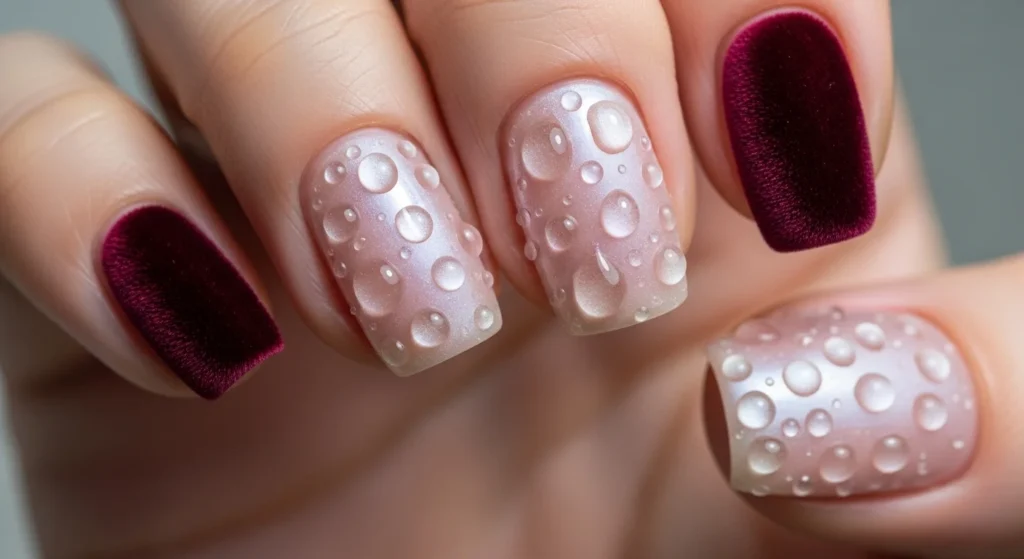 Close up textured nails with velvet cat eye shimmer and 3D water droplet gel effect for luxury manicure design