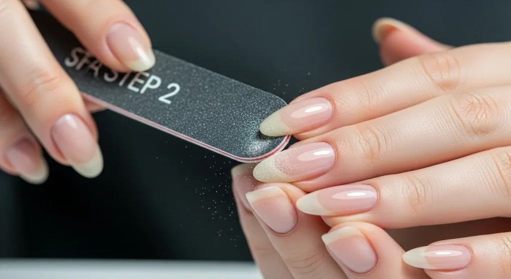 Step by step nail painting process showing prep base coat polish application nail art and top coat for professional manicure results            