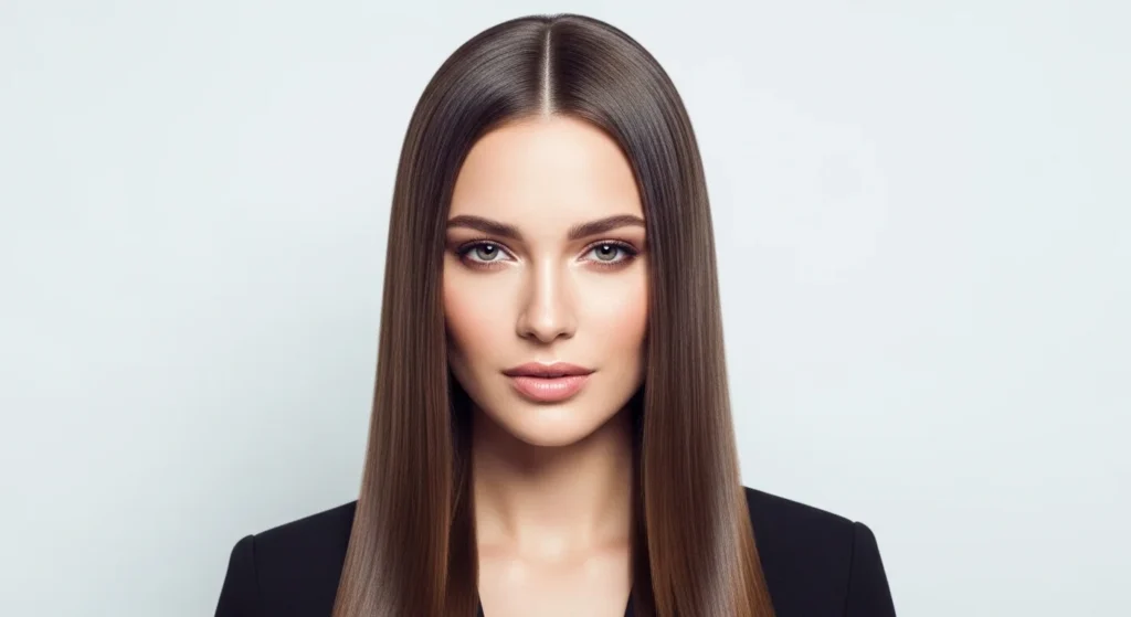 Woman with straight, long, silky hair flowing smoothly over shoulders, showcasing a sleek and elegant hairstyle.