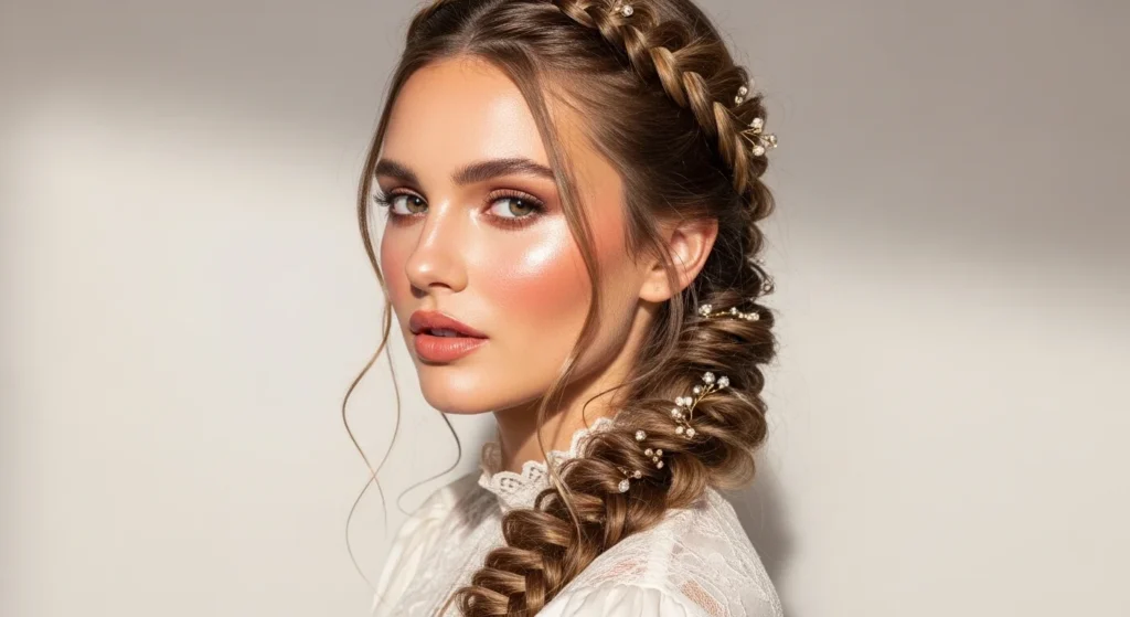 Woman with long hair styled in a neat and elegant braid, showing a soft and stylish braided hairstyle.