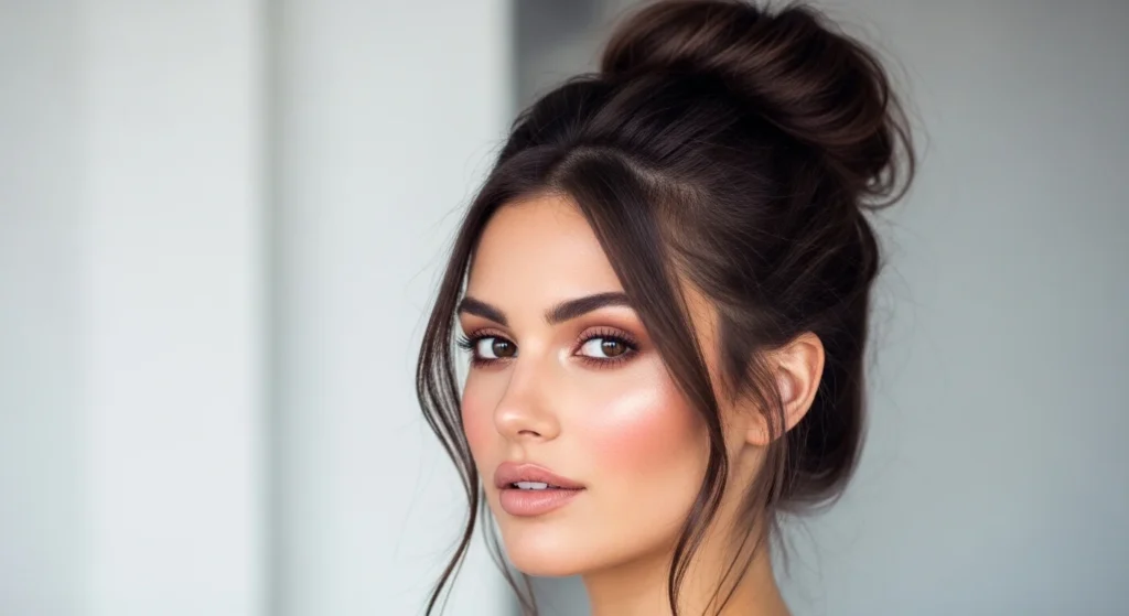 Woman with long hair styled in a messy bun, relaxed and casual updo with loose strands for a soft, effortless look.