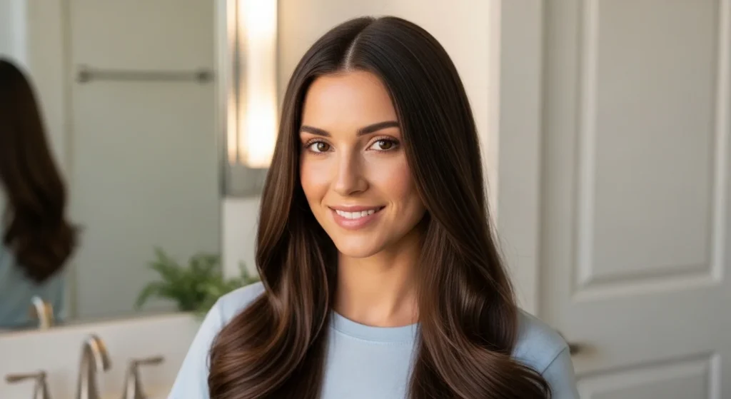 Step by step hair care routine showing washing, conditioning, drying, and styling long healthy hair for smooth and shiny results.