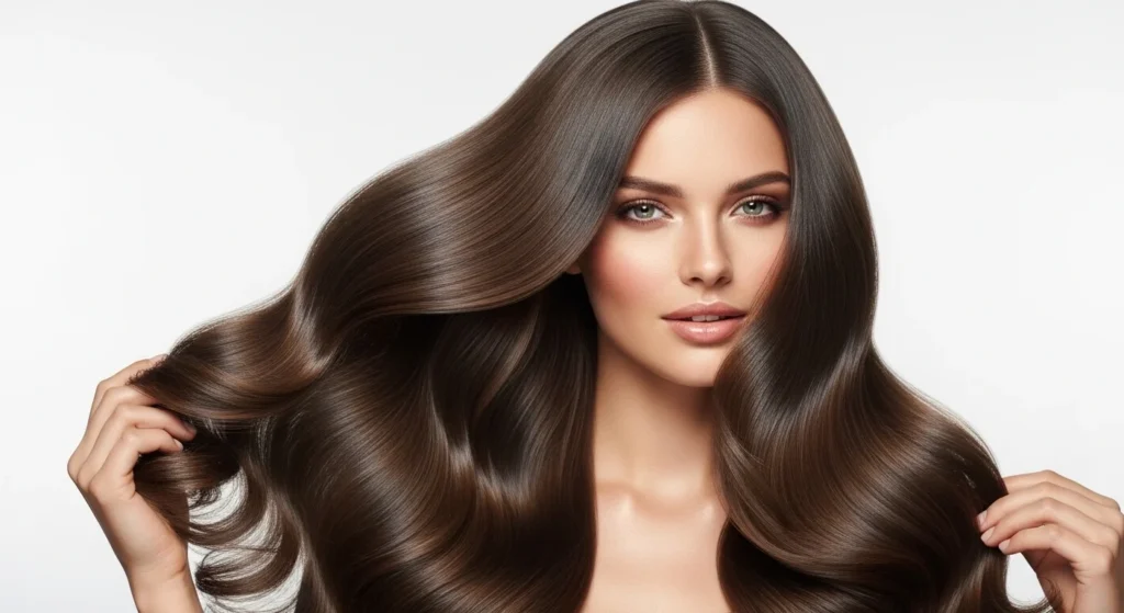 Woman with long, healthy, shiny hair that looks smooth, strong, and well-maintained with a natural glow.