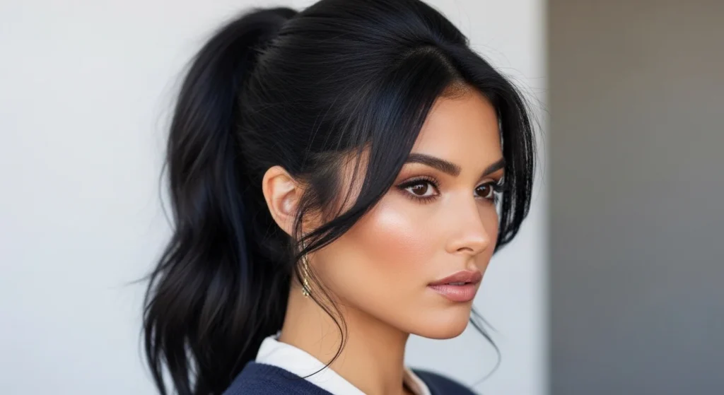 Woman with long hair styled in a simple ponytail variation, neat and stylish everyday hairstyle.