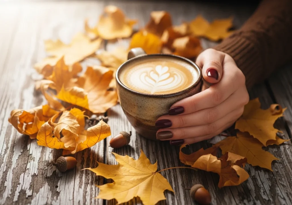 A cozy aesthetic autumn setup with a warm latte in a ceramic cup, surrounded by golden and orange fall leaves. A woman's hand with freshly manicured nails in deep fall tones like burgundy, chocolate brown, and dark plum rests beside the cup. Soft natural lighting, warm color tones, shallow depth of field, and a calm, hygge-inspired vibe.