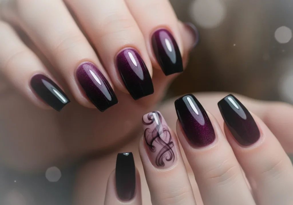 Luxurious smokey plum manicure captured in soft-focus with a dreamy, elegant aesthetic.