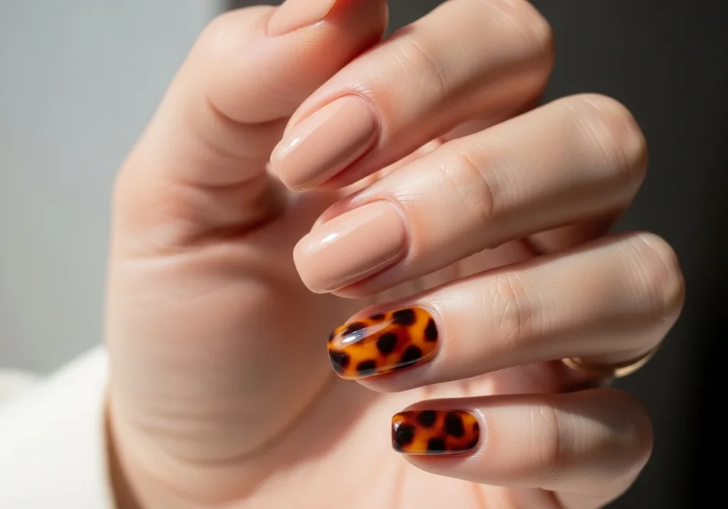 Alternate nails featuring a warm nude shade and a stylish tortoiseshell pattern in rich amber and brown tones.
