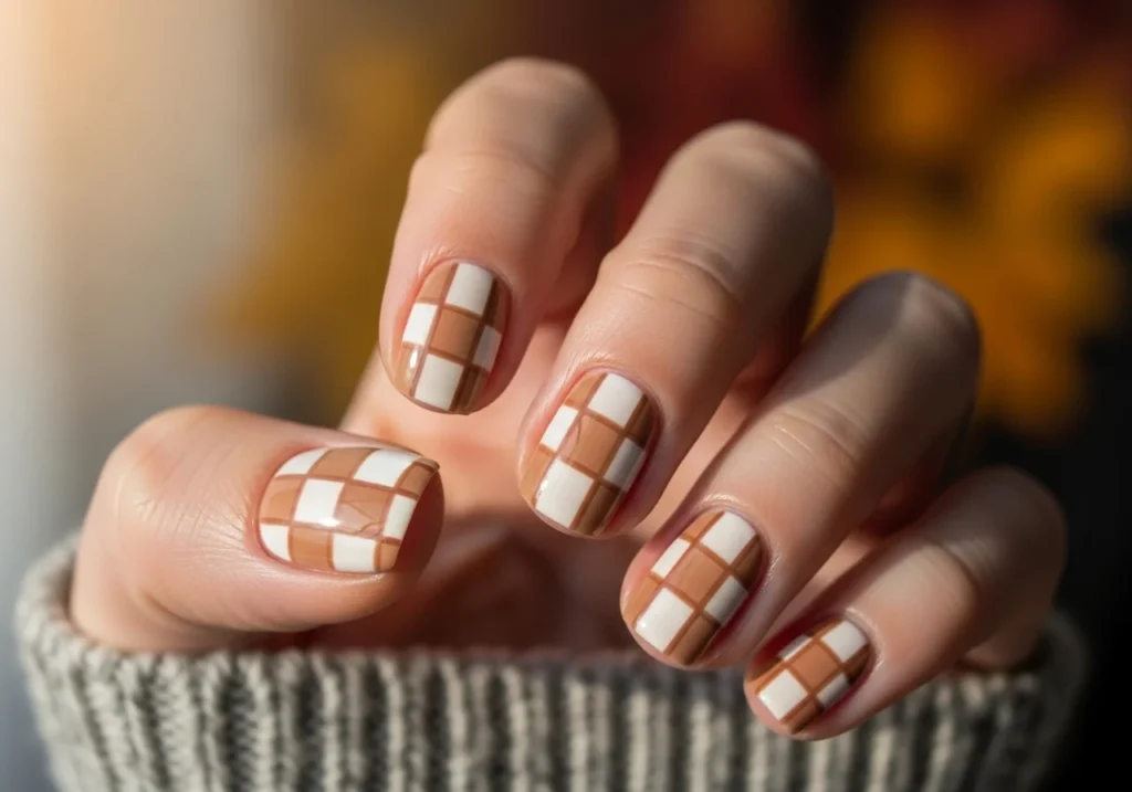 Cheerful checkered nail design featuring warm tan and cream tones in a cozy autumn-inspired style.