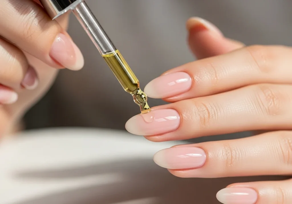 Healthy hydrated cuticles with a clean glossy manicure in soft lighting.