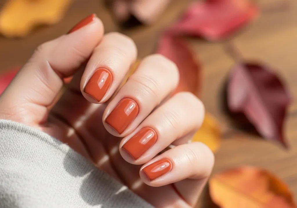 Burnt terracotta nail color in a warm earthy orange inspired by October autumn leaves.