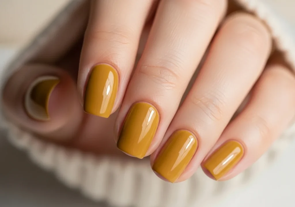 Earthy mustard yellow nails with a clean matte finish in a warm autumn-inspired look.