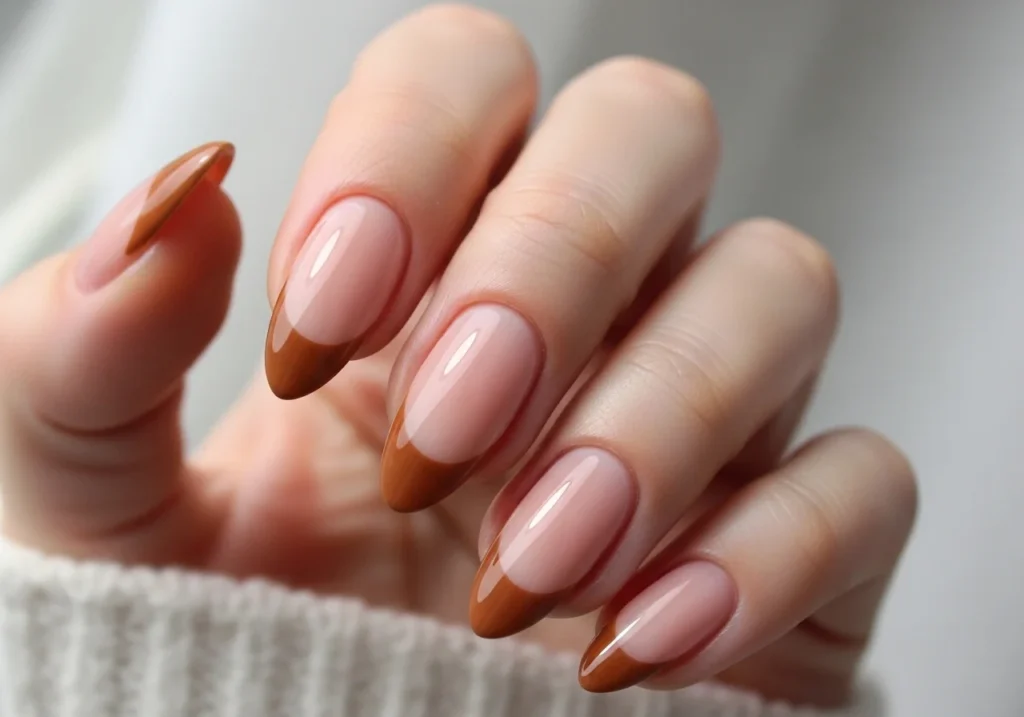 Modern French manicure with warm cinnamon-brown tips on a clean neutral base.
