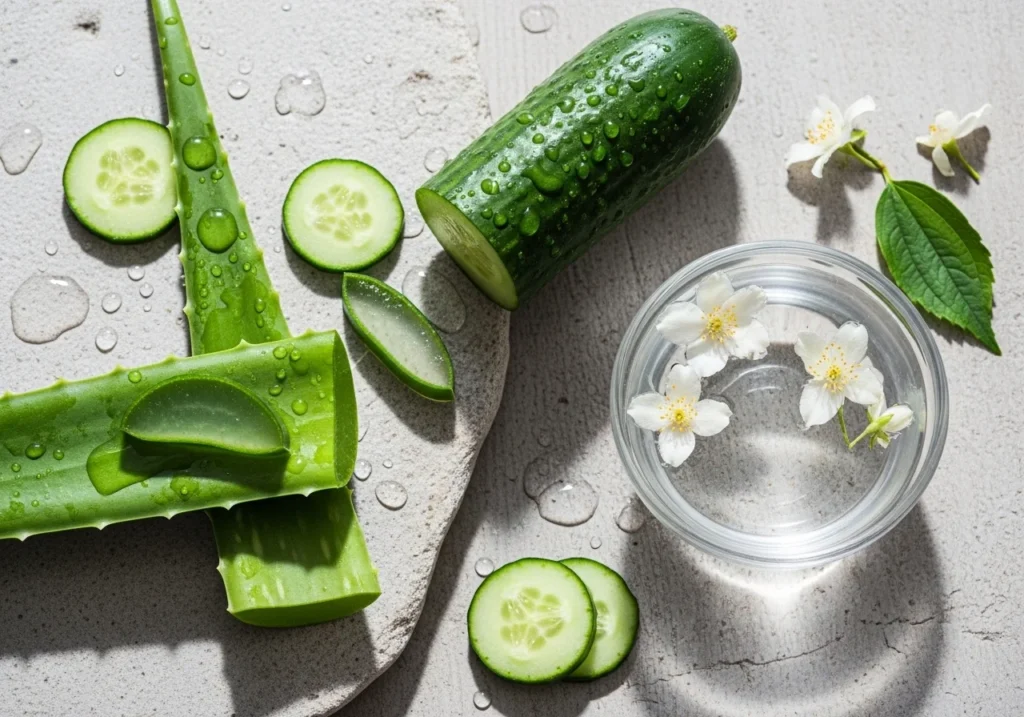 Fresh aesthetic arrangement of natural skincare ingredients including aloe vera, cucumber, and clean water for healthy skin care.