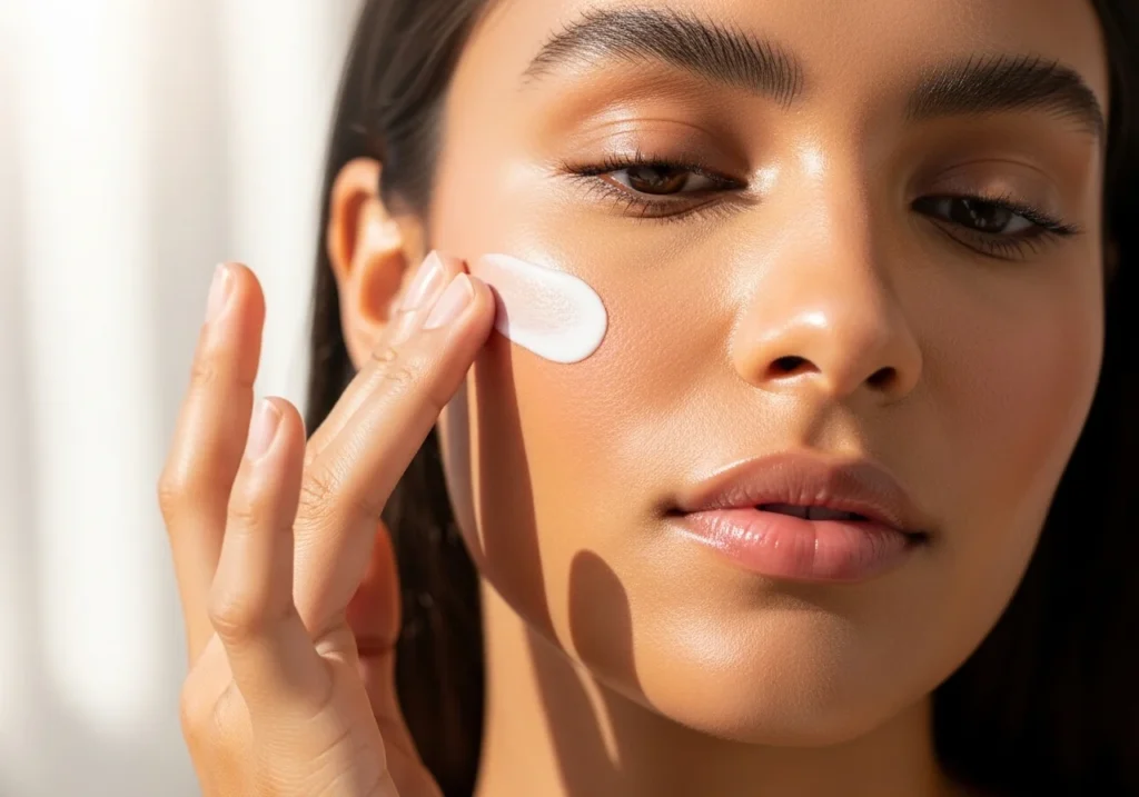 Close-up of a person applying sunscreen on their face with a soft-focus, clean and bright background.