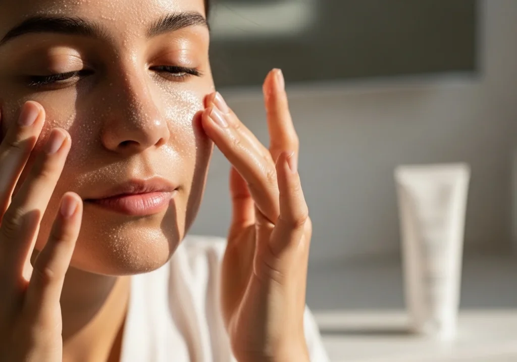 Close-up of someone gently applying a facial scrub or chemical exfoliant for smooth and healthy skin texture.