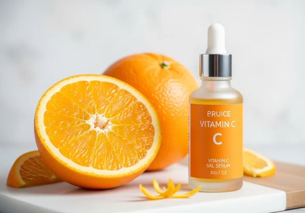 Bright aesthetic shot of an orange alongside a Vitamin C serum bottle symbolizing glowing and healthy skin.