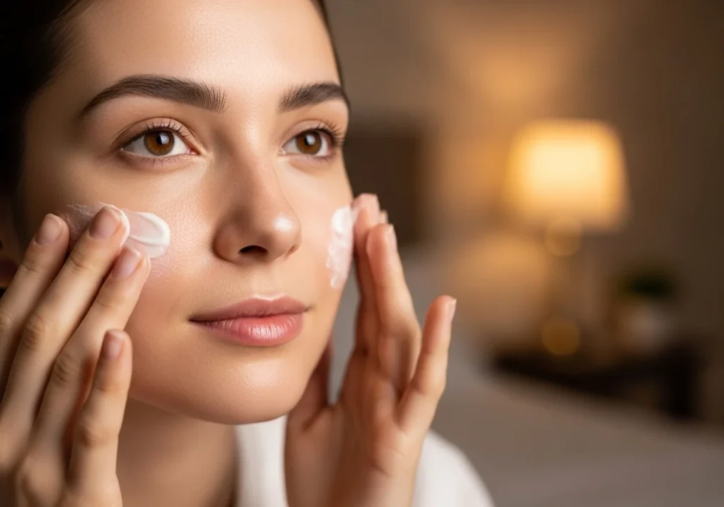 Person gently applying moisturizer to glowing freshly cleansed skin with a smooth hydrated finish.