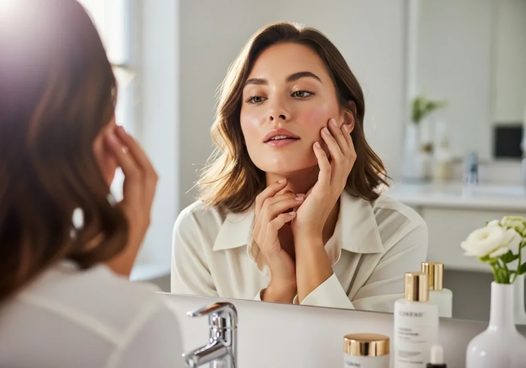 A model with healthy, dewy, radiant skin looking at herself in a mirror in soft natural lighting.