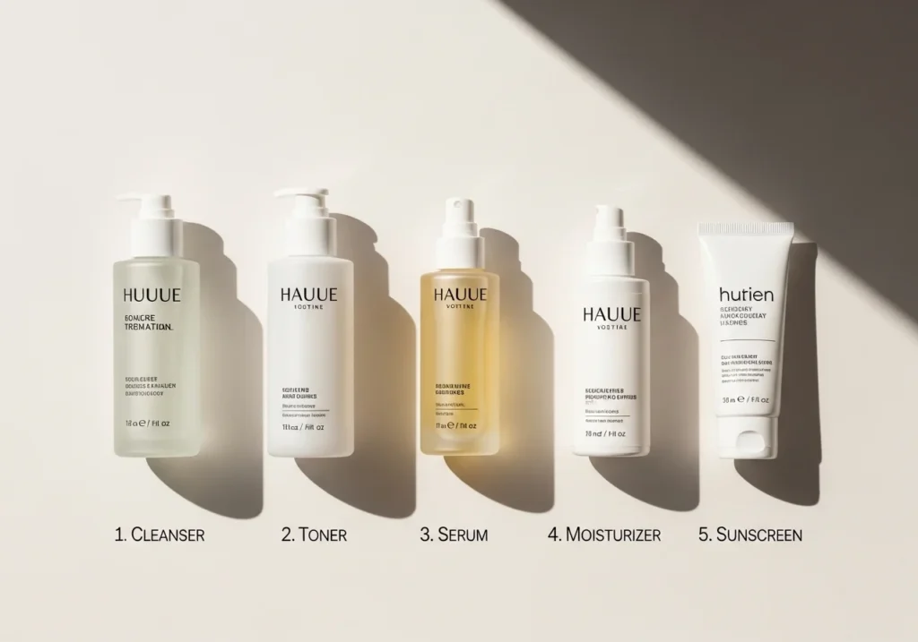 Flat lay of a simple 5-step skincare routine with neatly arranged and numbered skincare bottles.