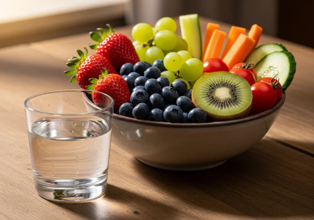 Colorful bowl of fresh fruits and vegetables placed next to a glass of water for a healthy lifestyle and glowing skin.