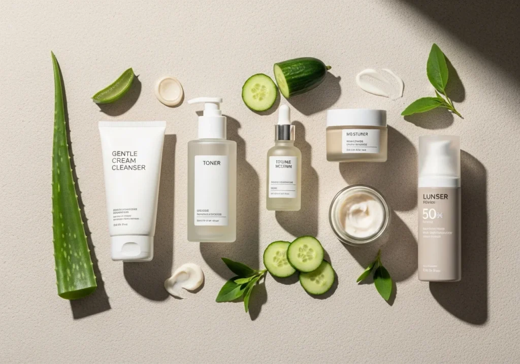 Aesthetic skincare scene showing essential skin care tips with natural products and healthy glowing skin routine.