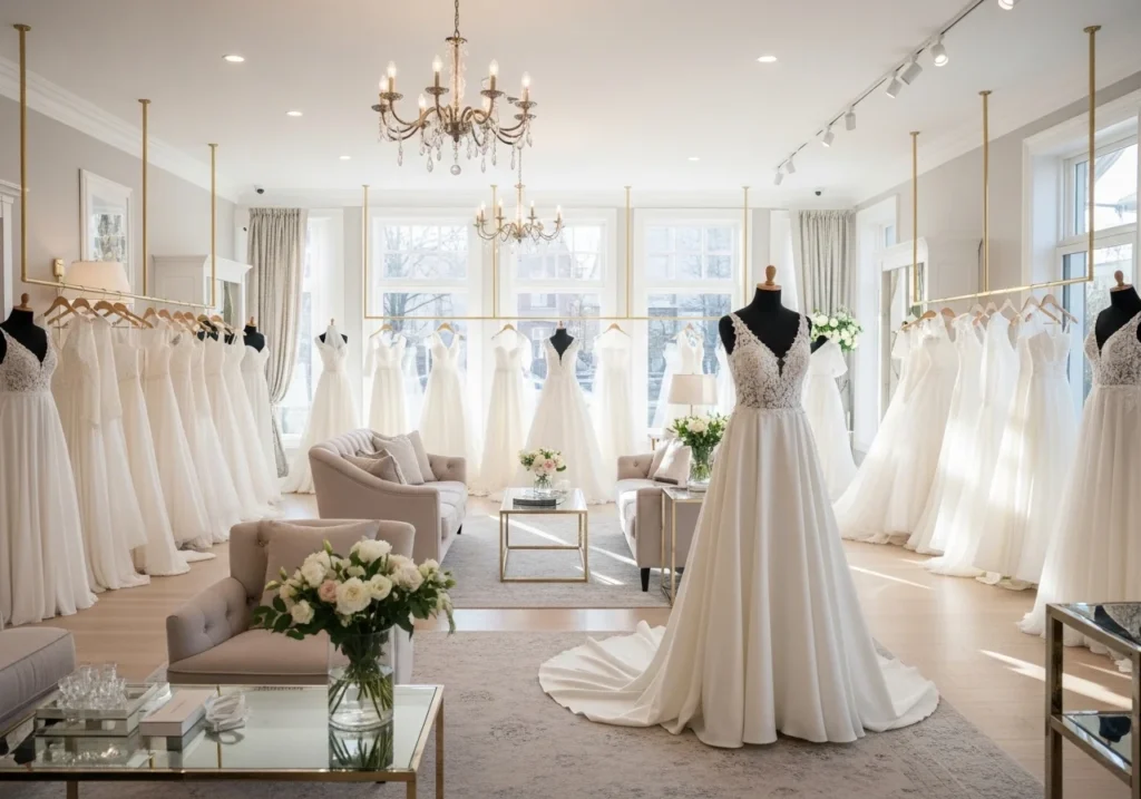 Bright and elegant bridal atelier with white wedding dresses displayed on racks in a spacious, softly lit showroom