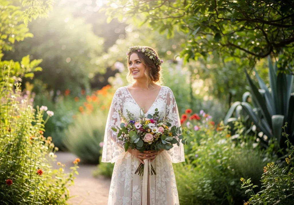 Bride wearing a boho-style wedding dress with flowing sleeves standing in a lush botanical garden surrounded by greenery