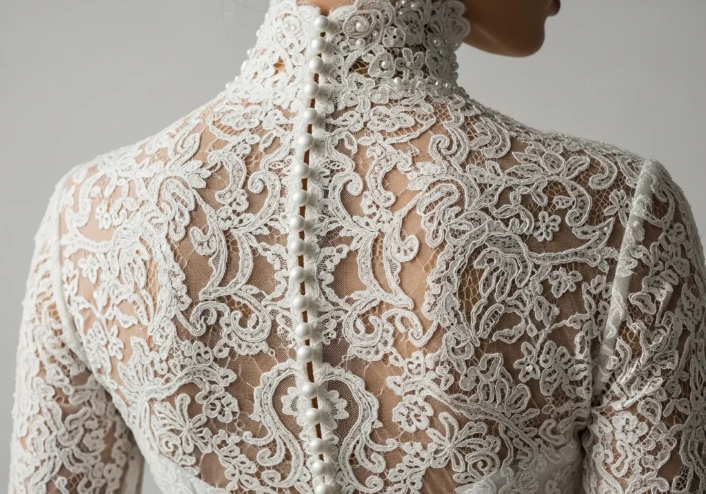 Close-up of a high-neck lace bridal gown featuring delicate detailing and elegant pearl buttons