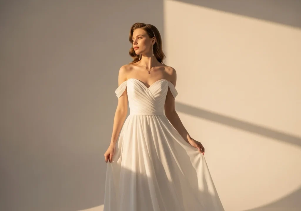 Romantic off-the-shoulder bridal gown with soft draped fabric and a sweetheart neckline in an elegant studio setting