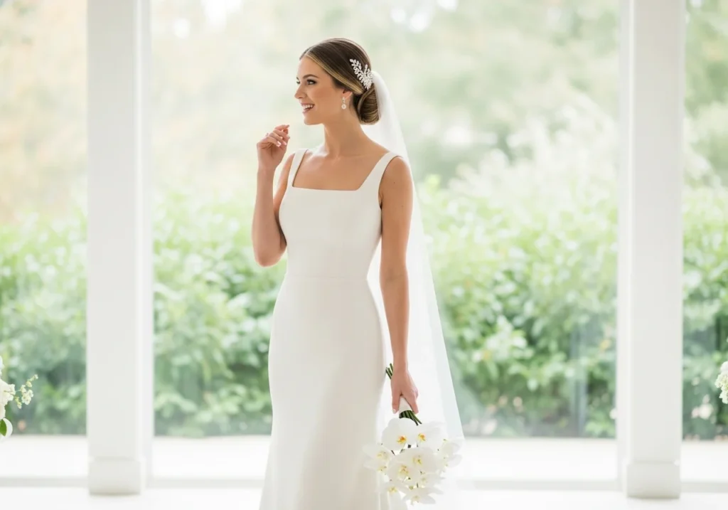 Modern bride wearing a sleek column-style wedding dress with a clean square neckline and minimalist design