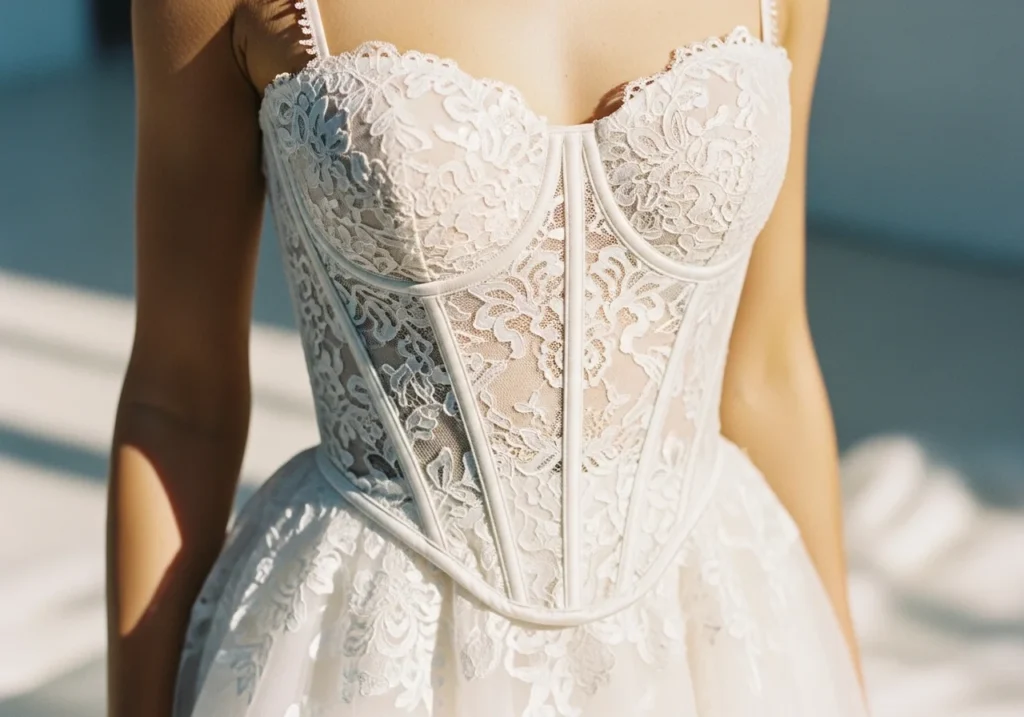 Aesthetic close-up of a structured corset-style bridal bodice with delicate lace detailing and elegant craftsmanship