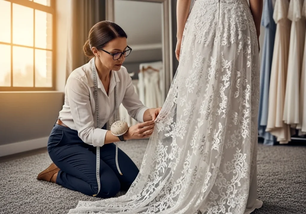 Professional tailor carefully pinning the lace hem of a wedding dress during a bridal fitting session