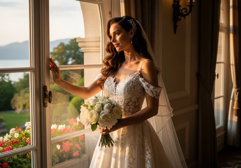 wedding dress ideas :Bride in a lace wedding dress holding a bouquet of white flowers, standing by a window in warm golden sunlight, gazing outside in a romantic setting