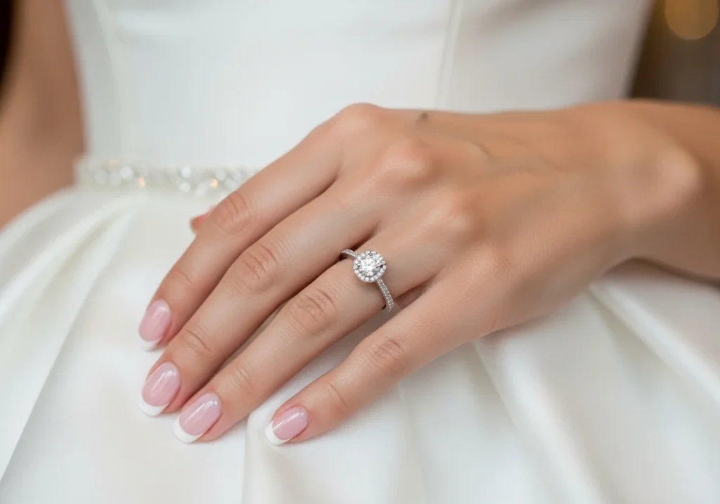 Close-up of a bride’s hand resting on a wedding dress, featuring a soft elegant manicure and a sparkling engagement ring