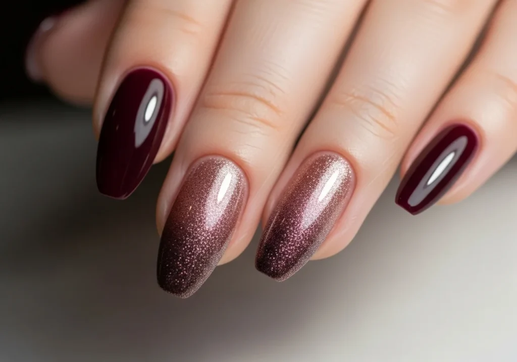 Soft-focus close-up of elegant ombré nails on almond-shaped tips with a smooth gradient finish